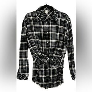 Blue Rain Black and White Plaid Distressed Womens Flannel Shirt Sz Medium